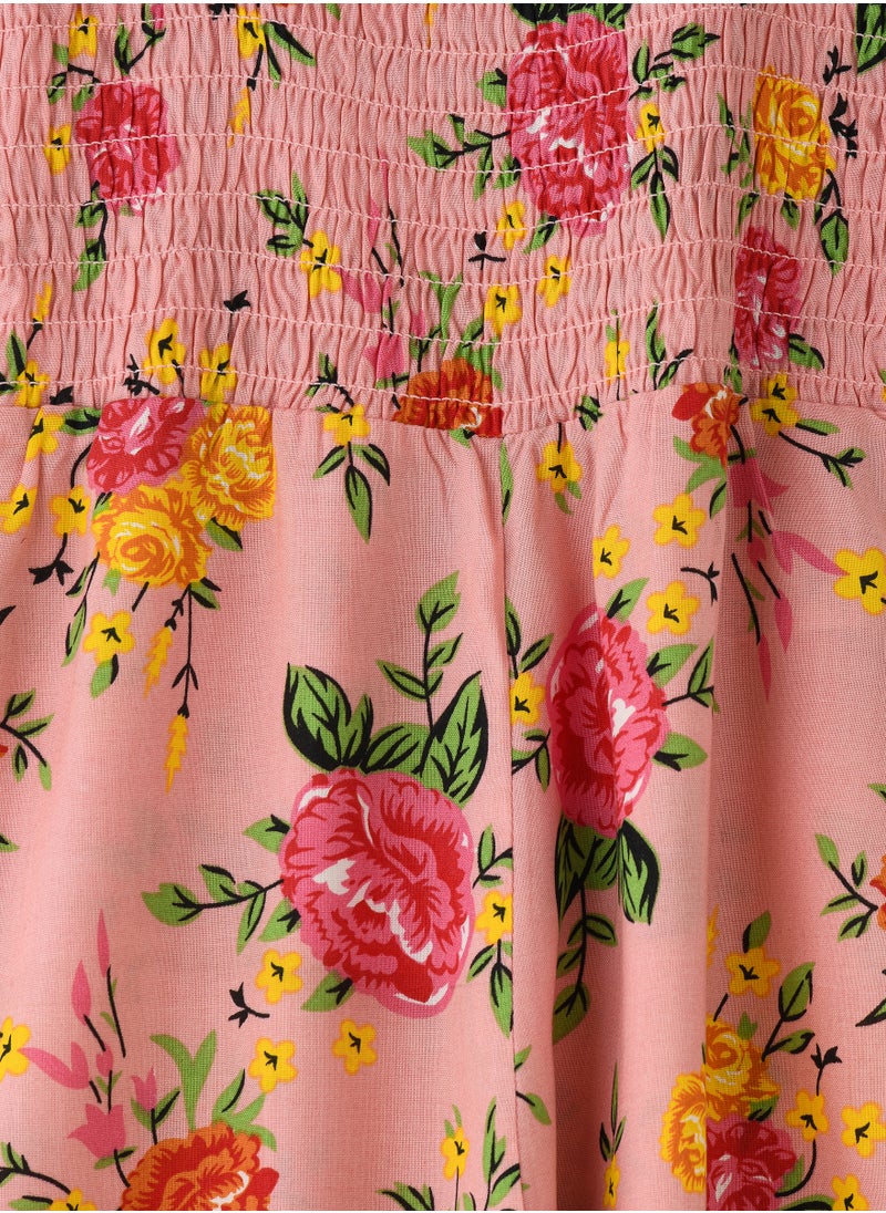 Girls' Pink Floral Viscose Jumpsuit