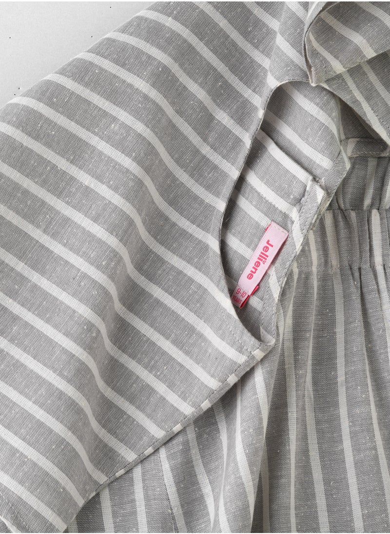 Girls' Grey Striped Cotton Jumpsuit