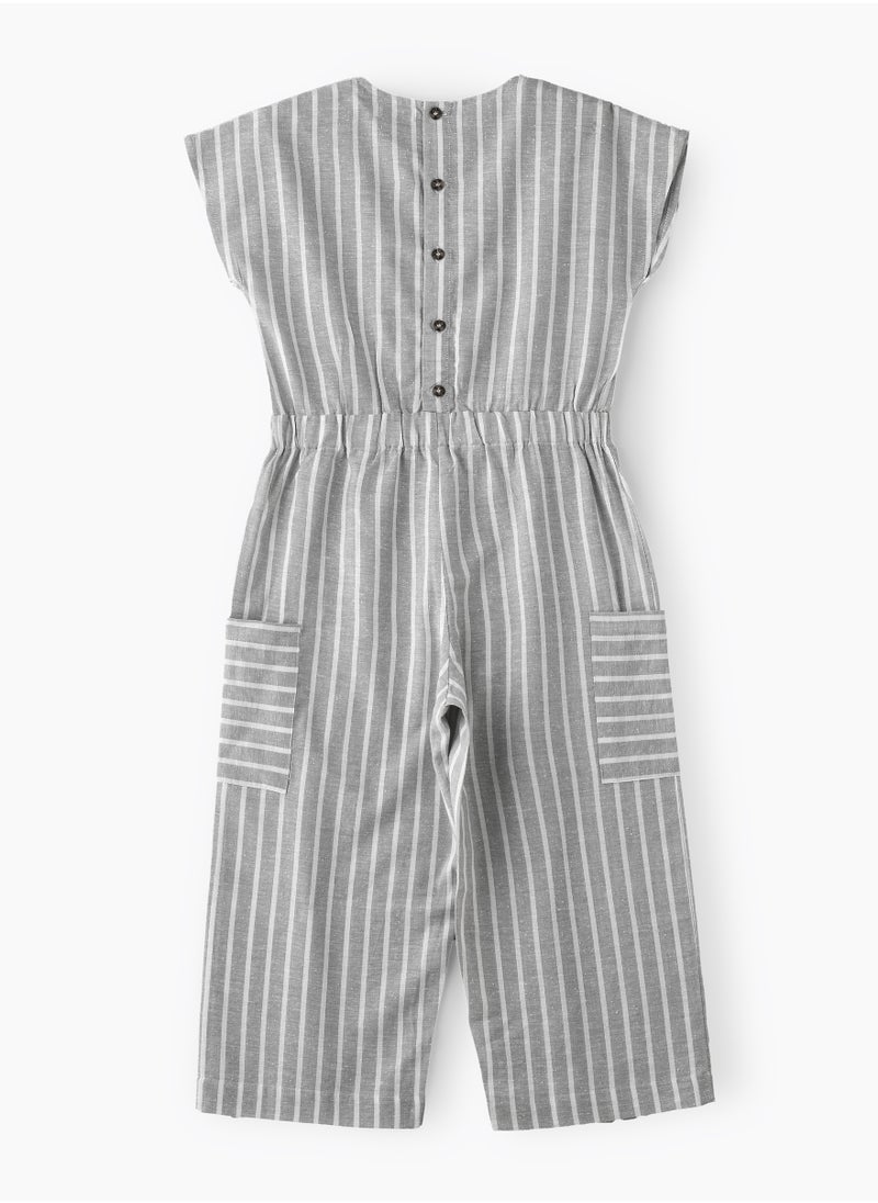 Girls' Grey Striped Cotton Jumpsuit