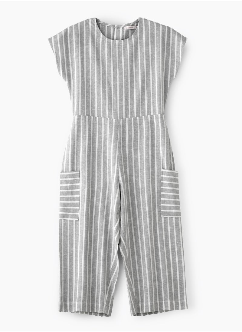 Girls' Grey Striped Cotton Jumpsuit