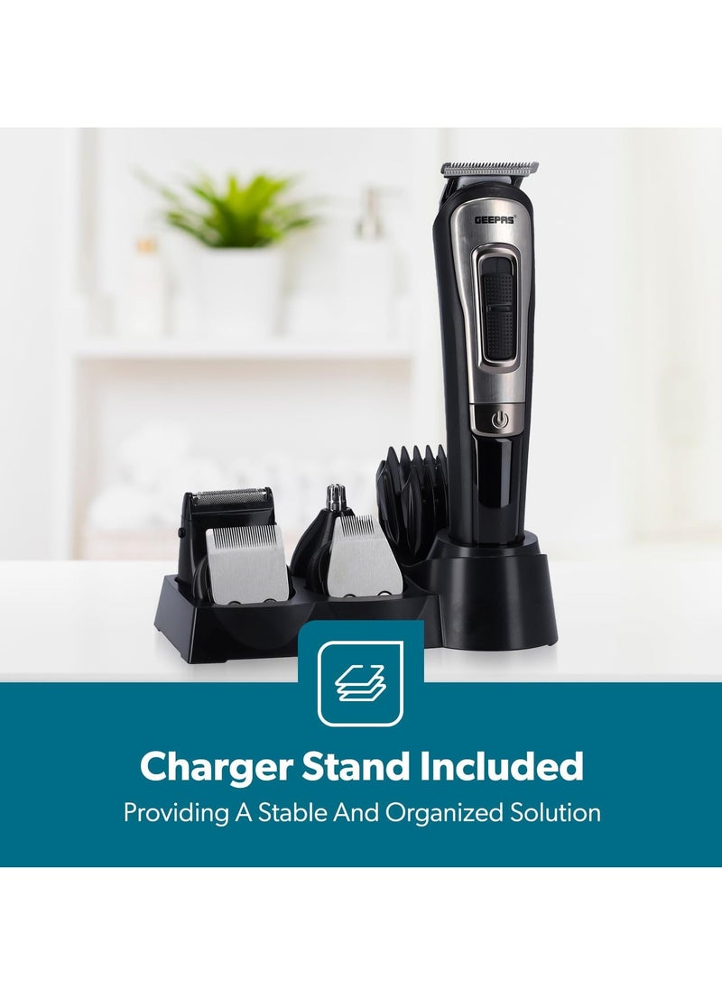 11-IN-1 Rechargeable Grooming Set- GTR8300| With 6 Interchangeable Heads and 4 Comb Attachments| Includes a Charging Stand| Prefect for Home and Professional Styling| Black