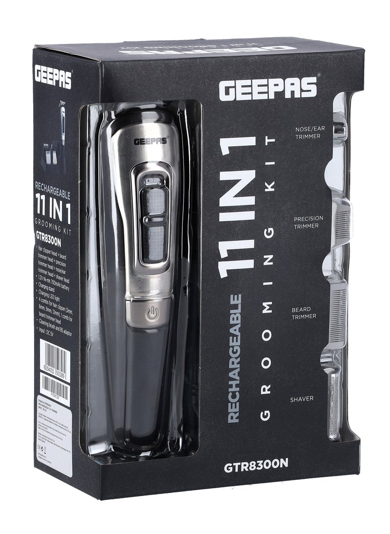11-IN-1 Rechargeable Grooming Set- GTR8300| With 6 Interchangeable Heads and 4 Comb Attachments| Includes a Charging Stand| Prefect for Home and Professional Styling| Black