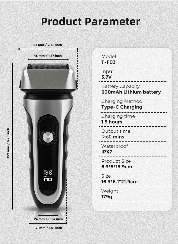 Electric Shaver, Wet & Dry, Rechargeable, Cordless Foil Shaver, trim beards and hair razors Precision razor for perfect trimming of cheeks，chin and neck edges Cheeks, 3s Travel Lock function,Black grey