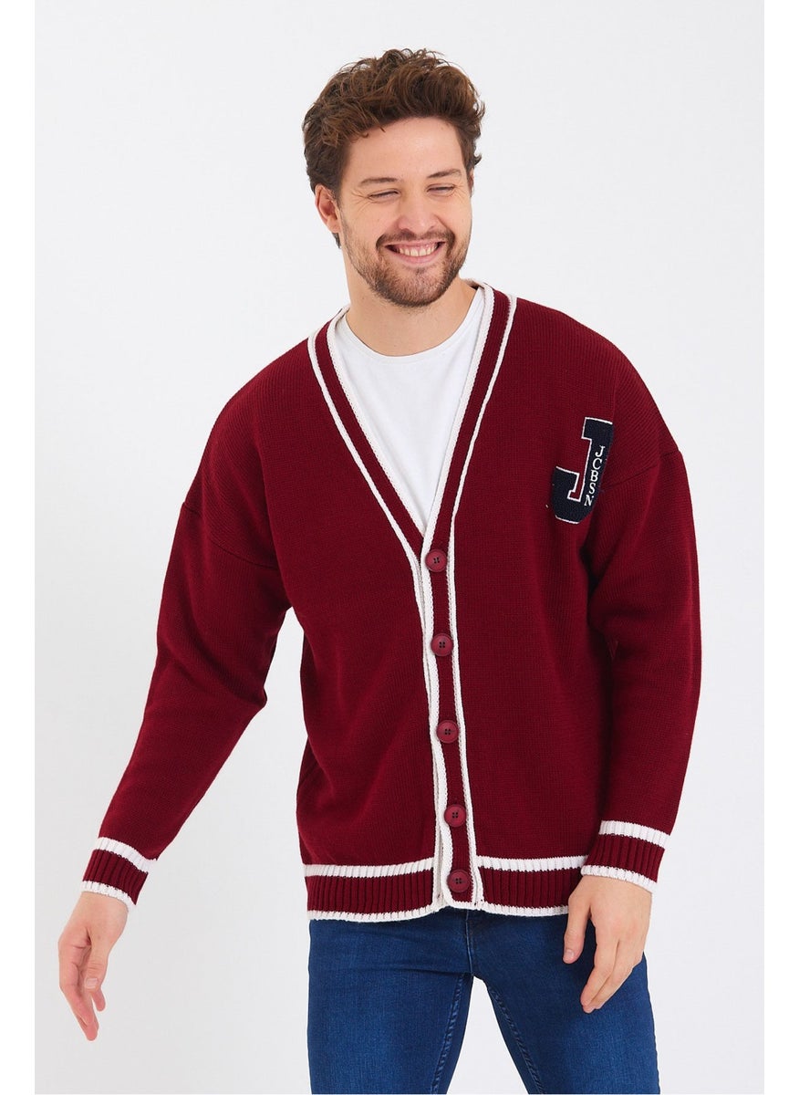 Cool Style Men's Claret Red Embroidered Buttoned Knitwear CARDIGAN-TRZ8184R03S