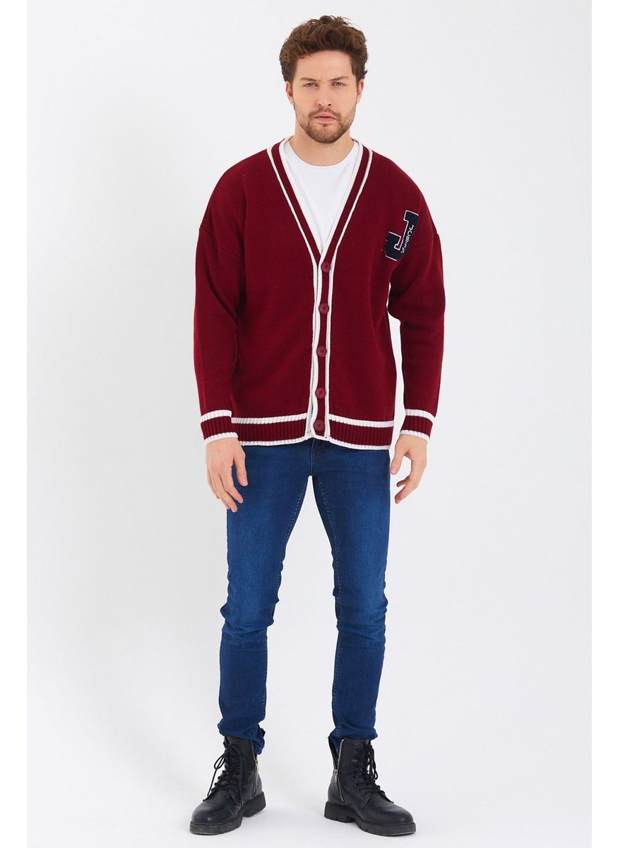 Cool Style Men's Claret Red Embroidered Buttoned Knitwear CARDIGAN-TRZ8184R03S