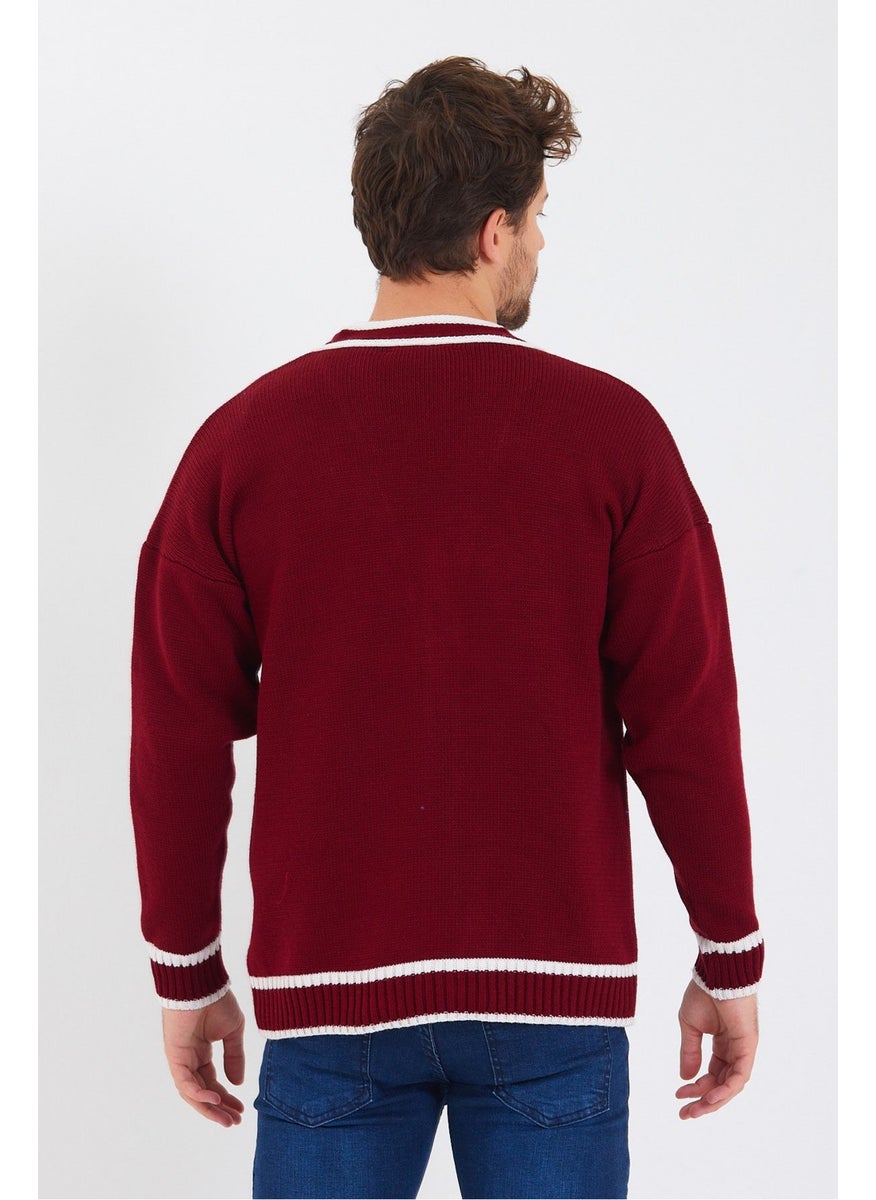 Cool Style Men's Claret Red Embroidered Buttoned Knitwear CARDIGAN-TRZ8184R03S