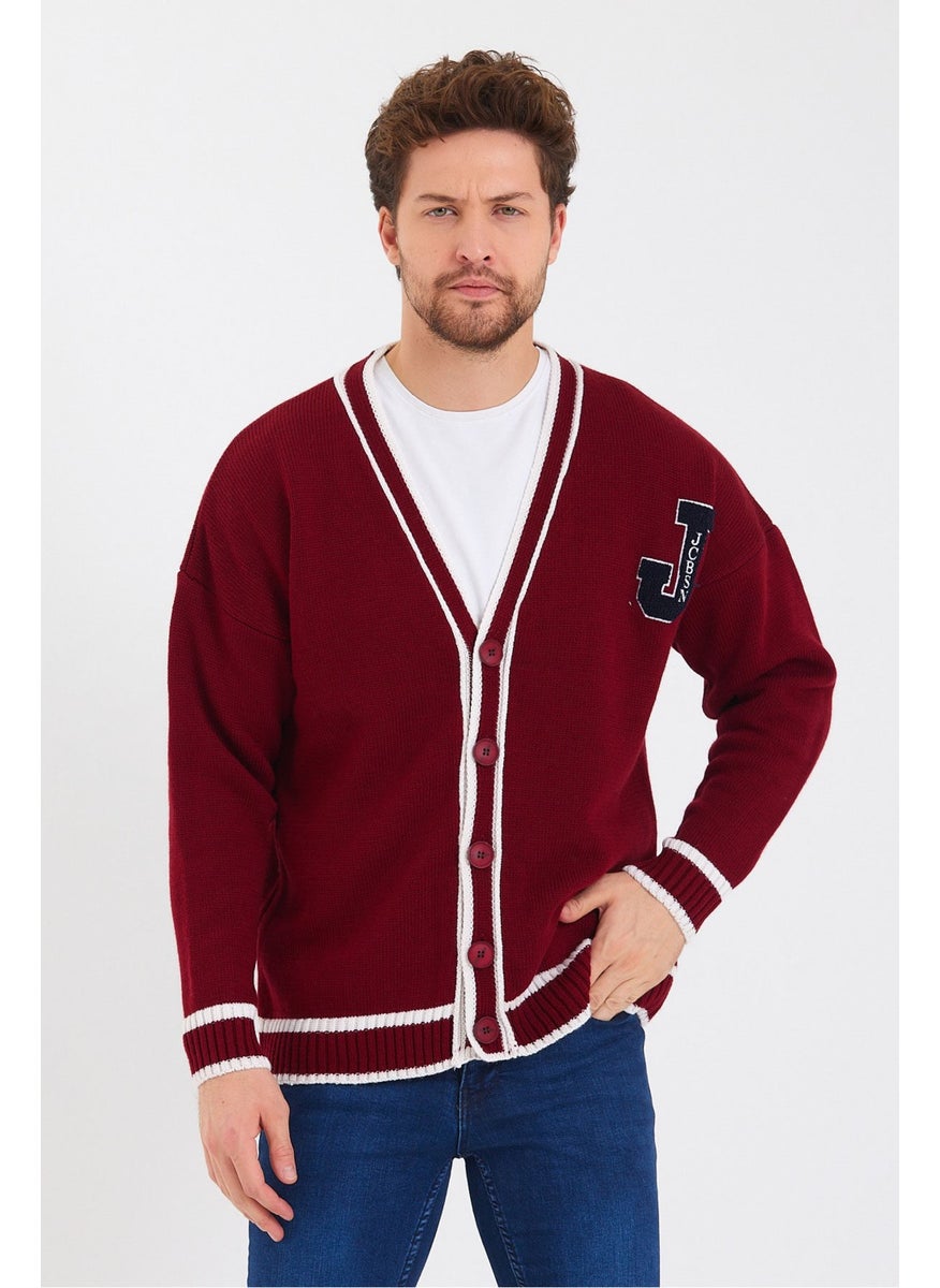 Cool Style Men's Claret Red Embroidered Buttoned Knitwear CARDIGAN-TRZ8184R03S