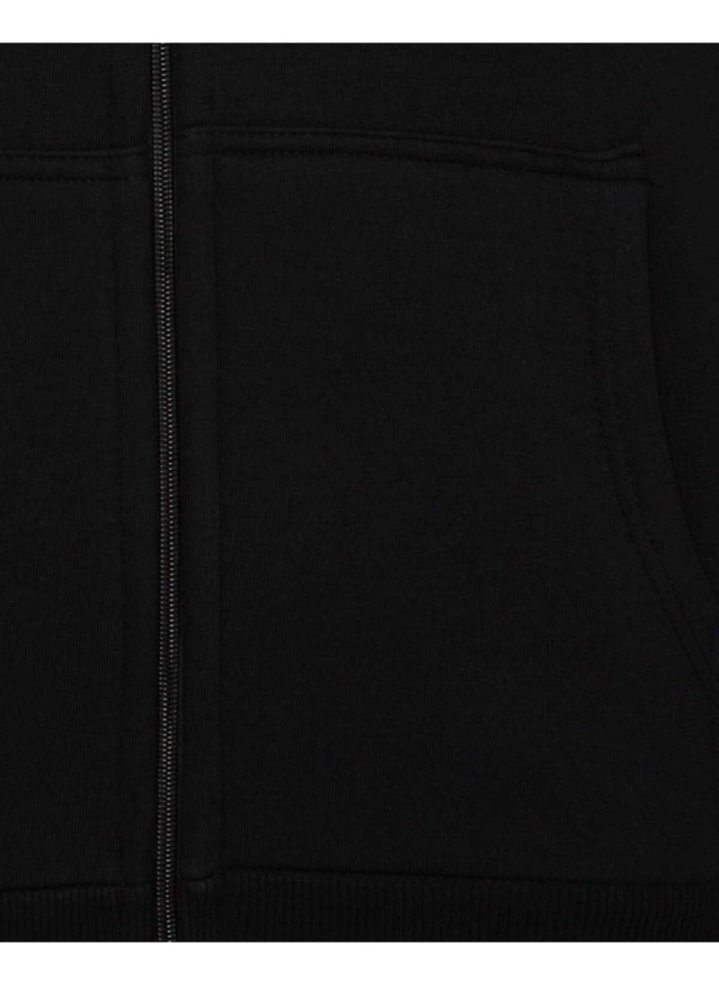 3 Thread Hooded Zippered Black Sweat Cardigan