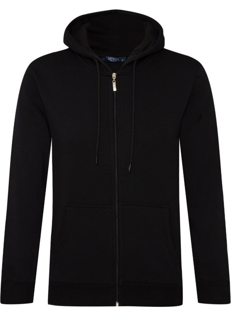 3 Thread Hooded Zippered Black Sweat Cardigan