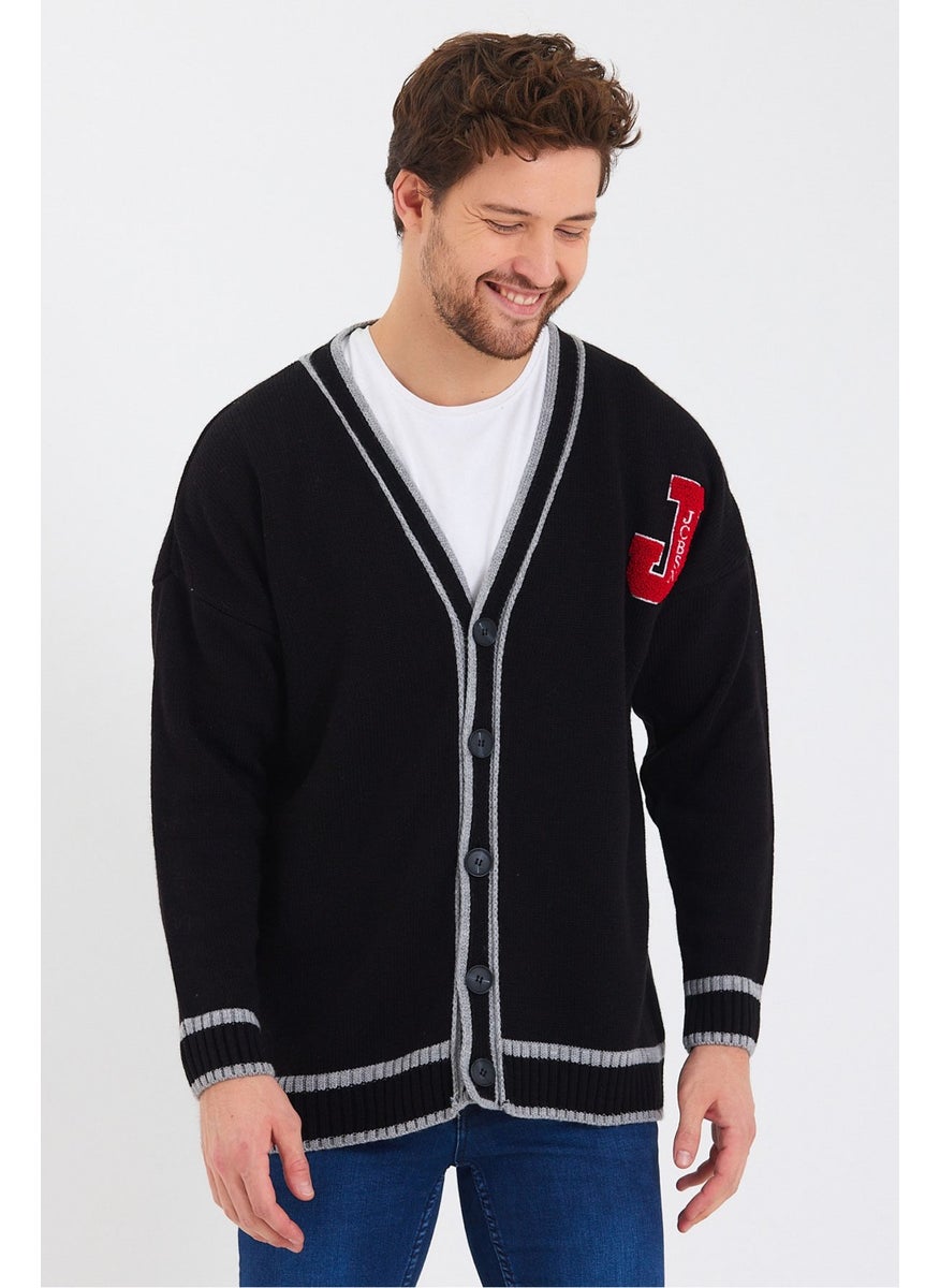 Cool Style Men's Black Embroidered Buttoned Knitwear CARDIGAN-TRZ8184R01S