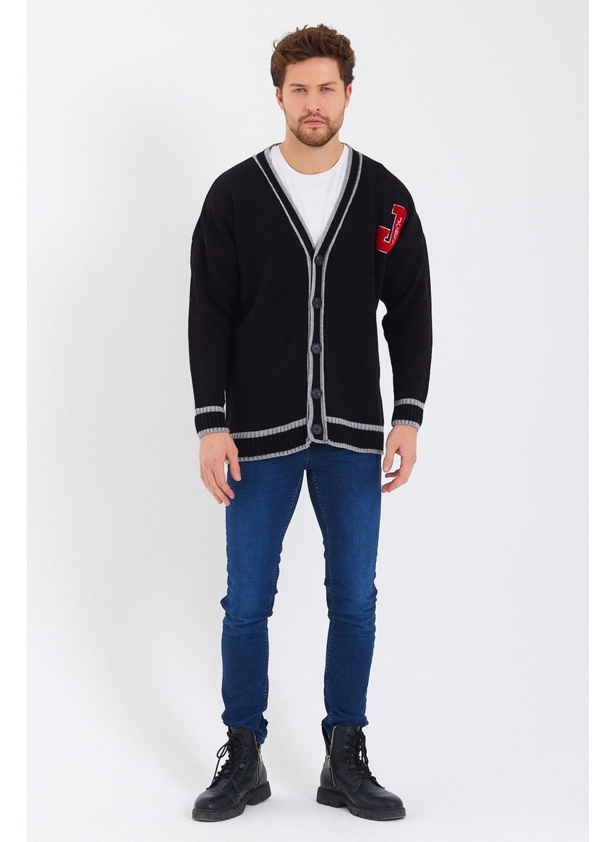 Cool Style Men's Black Embroidered Buttoned Knitwear CARDIGAN-TRZ8184R01S