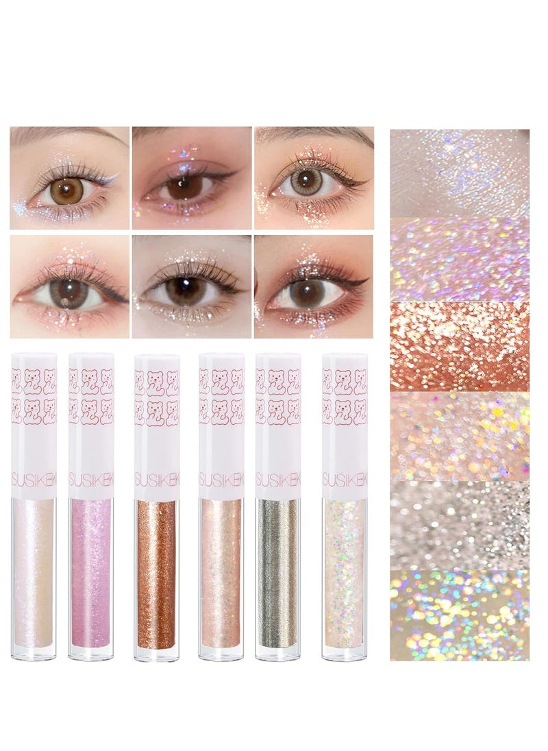 6Pcs Liquid Glitter Eyeshadow Eyeliner, Korean Makeup, Bling Under Eye Shadow, Shimmer Eye Make Up Valentine's Day Gift Set,Long Lasting,Quick Drying & Pigmented Loose Glitter Glue for Crystals Makeup