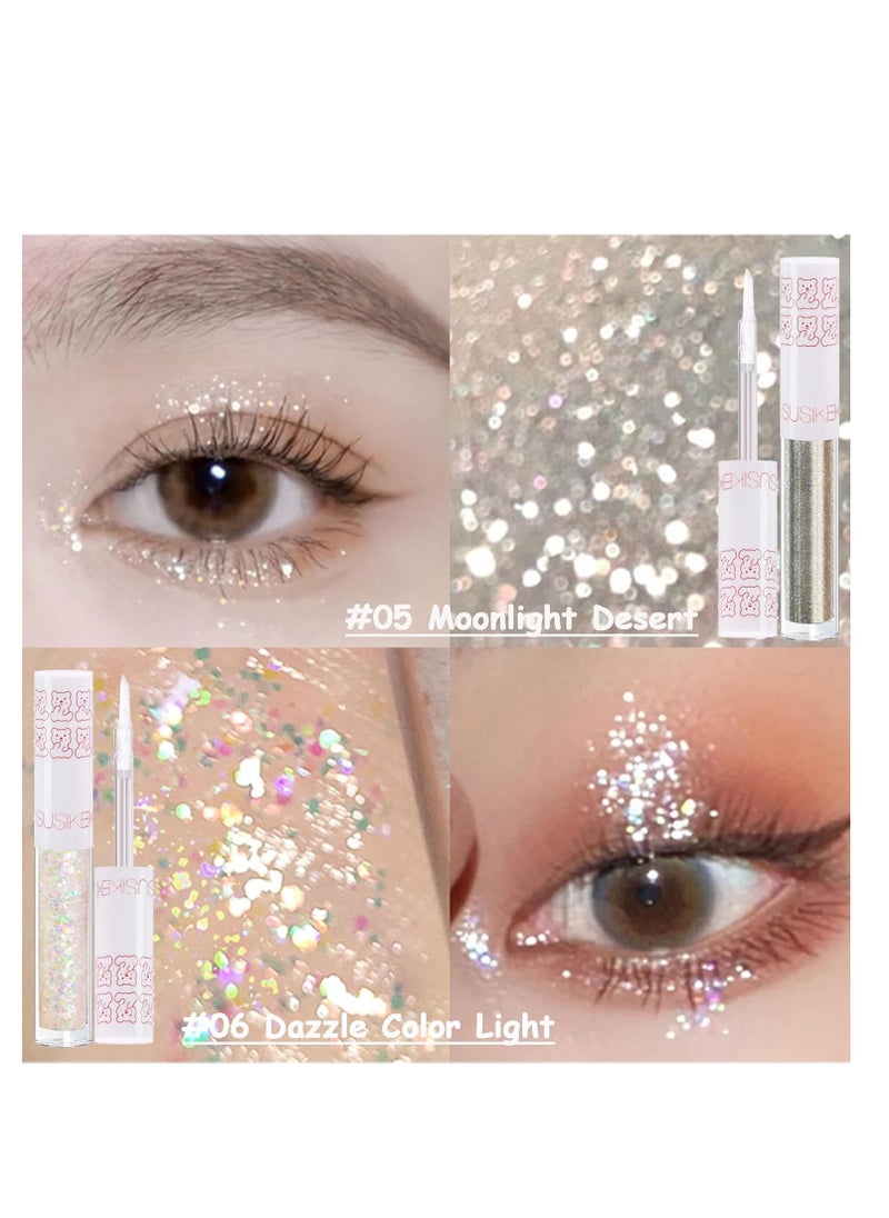 6Pcs Liquid Glitter Eyeshadow Eyeliner, Korean Makeup, Bling Under Eye Shadow, Shimmer Eye Make Up Valentine's Day Gift Set,Long Lasting,Quick Drying & Pigmented Loose Glitter Glue for Crystals Makeup