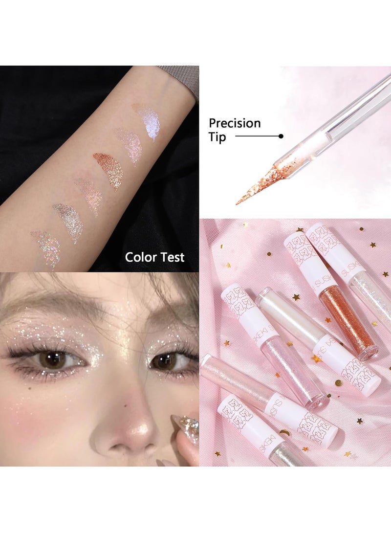 6Pcs Liquid Glitter Eyeshadow Eyeliner, Korean Makeup, Bling Under Eye Shadow, Shimmer Eye Make Up Valentine's Day Gift Set,Long Lasting,Quick Drying & Pigmented Loose Glitter Glue for Crystals Makeup