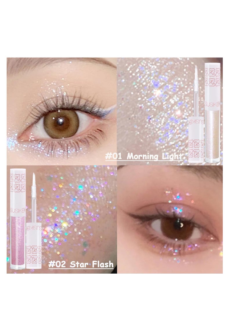 6Pcs Liquid Glitter Eyeshadow Eyeliner, Korean Makeup, Bling Under Eye Shadow, Shimmer Eye Make Up Valentine's Day Gift Set,Long Lasting,Quick Drying & Pigmented Loose Glitter Glue for Crystals Makeup
