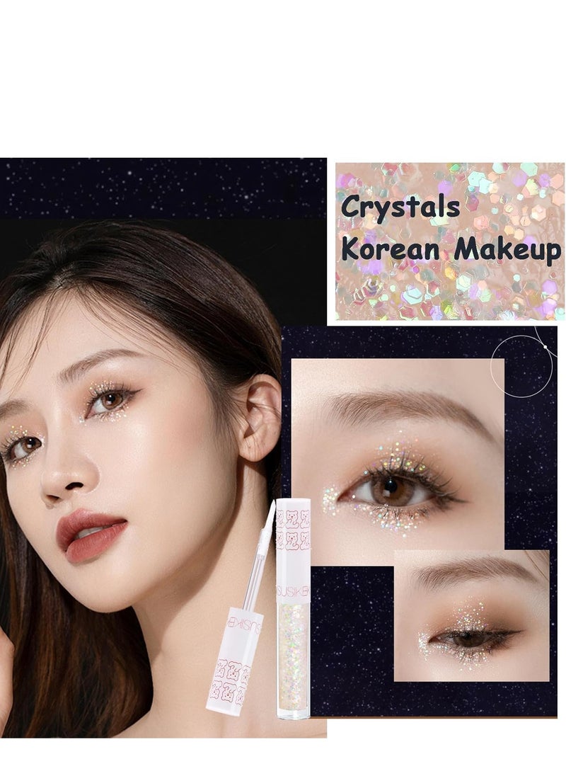 6Pcs Liquid Glitter Eyeshadow Eyeliner, Korean Makeup, Bling Under Eye Shadow, Shimmer Eye Make Up Valentine's Day Gift Set,Long Lasting,Quick Drying & Pigmented Loose Glitter Glue for Crystals Makeup