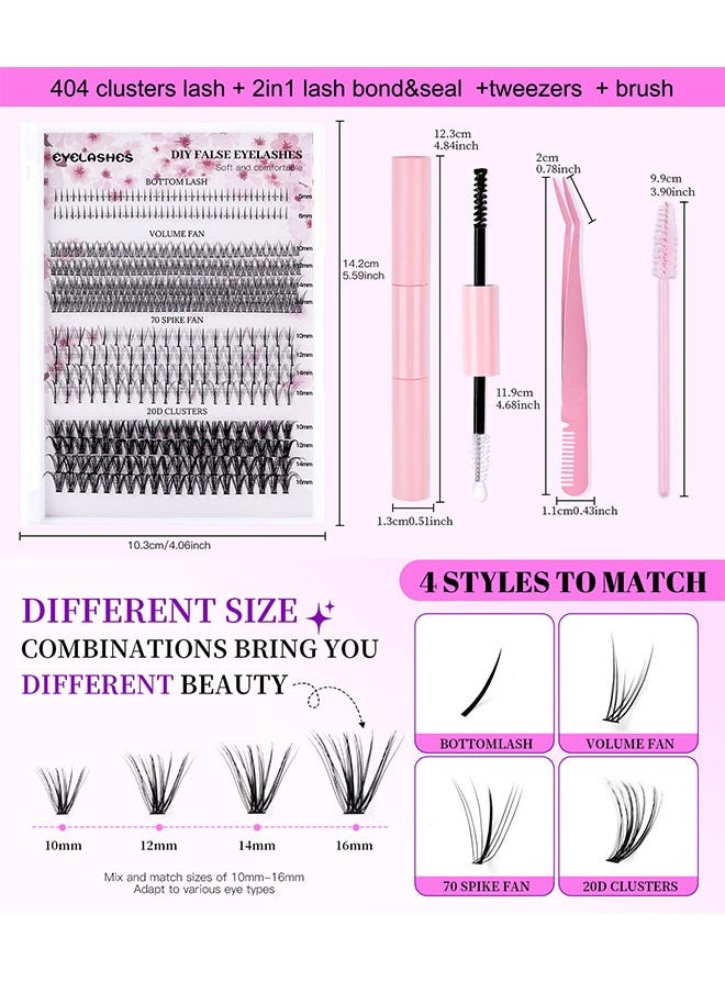 4 Styles DIY Eyelash Extension Kit 404 Clusters, 5-16mm Mixed Individual Lashes Cluster, Natural Curl Personal Eyelash Set, Segmented False Eyelashes, Thick Eyelashes