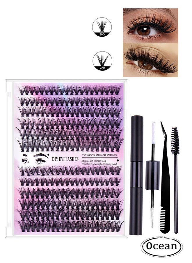 Segmented false eyelash set 240 clusters, 30D 40D Mix Lash Clusters, with Double Headed Glue, Tweezers, and Eyelash Brush, Eyelash Extension Kit, Enlarge Eyes Naturally, Curl Eyelash, DIY Eyelashes