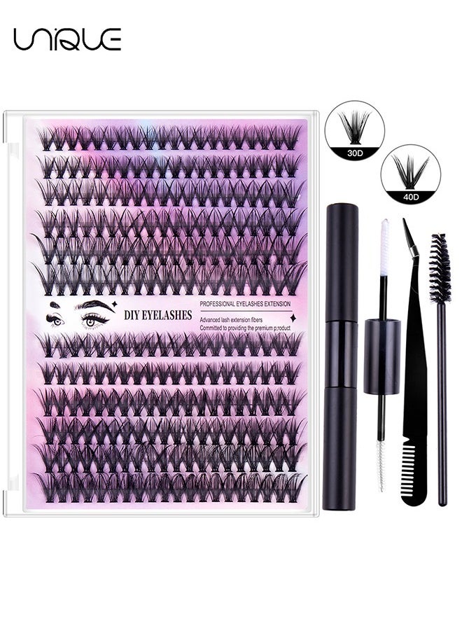 240 Pcs Cluster Lashes Kit - DIY Eyelash Extension Kit - 30D+40D 10-16mm Mixed Lashes - D Curl - Waterproof and Comfortable - with Lash Bond, Remover, Tweezers - for Beginner at Home