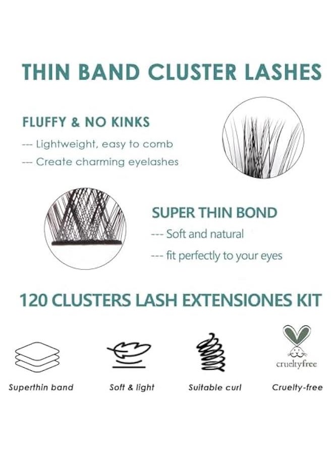 Lash Extension Kit 120 Lash Clusters with Lash Bond and Seal and Lash Applicator C D Curl Cluster Eyelash Extensions Waterproof Long Lasting Individual Lashes, 10-16mm