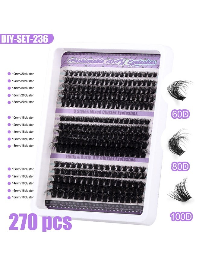 Segmented False Eyelash Set 270 Clusters, 60D 80D 100D Curled Thick Mix Lash Clusters, Eyelash Extension Kit, Enlarge Eyes Naturally, Curl Eyelash, Diy Eyelashes