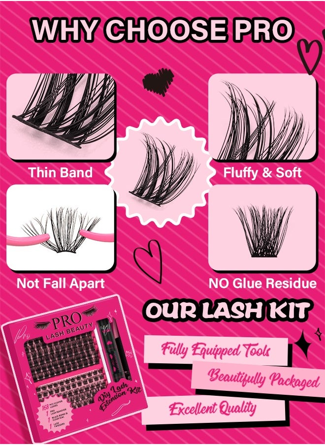 Lash Extension Kit with 168 Pcs Cluster Lashes Bond and Seal Eyelash Applictor Lash Remover for Beginner(Tender+Glitter Kit)