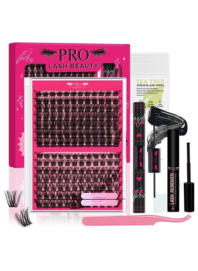 Lash Extension Kit with 168 Pcs Cluster Lashes Bond and Seal Eyelash Applictor Lash Remover for Beginner(Tender+Glitter Kit)