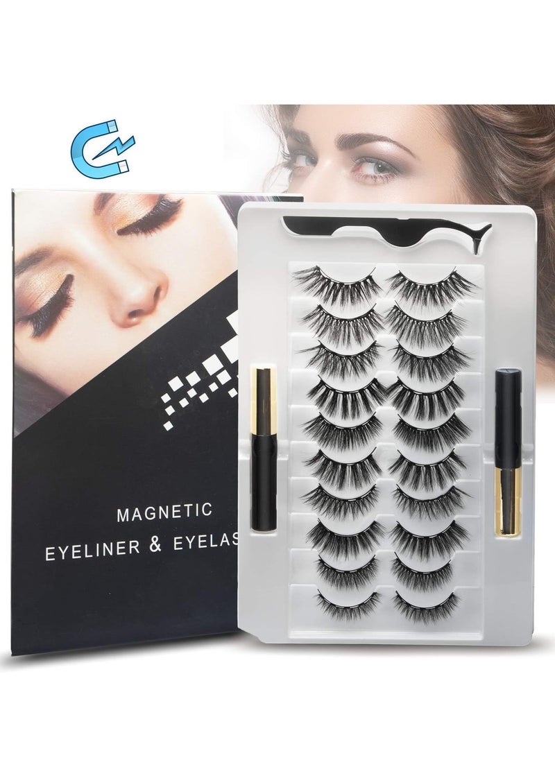 10 Pairs Magnetic Eyelashes and Magnetic Eyeliner Kit for 3D Magnetic Lashes Natural Look, Come with Professional Applicator Reusable&Waterproof 3D Lashes With Tweezers(5 Looks)