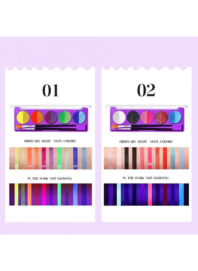 2 Packs Water Activated Eyeliner Palette, Halloween Neon Rainbow Colorful Face Body Paint Colored Liner Makeup Matte Eyeliner With Eyeliner Brushes U V Glow Fluorescent Black White Paint Makeup Set