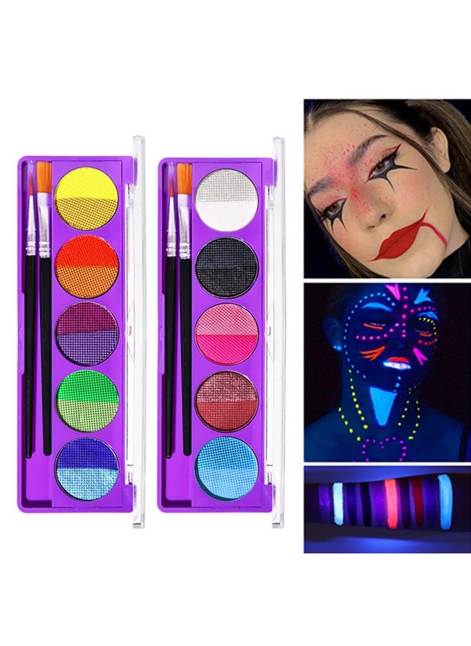 2 Packs Water Activated Eyeliner Palette, Halloween Neon Rainbow Colorful Face Body Paint Colored Liner Makeup Matte Eyeliner With Eyeliner Brushes U V Glow Fluorescent Black White Paint Makeup Set