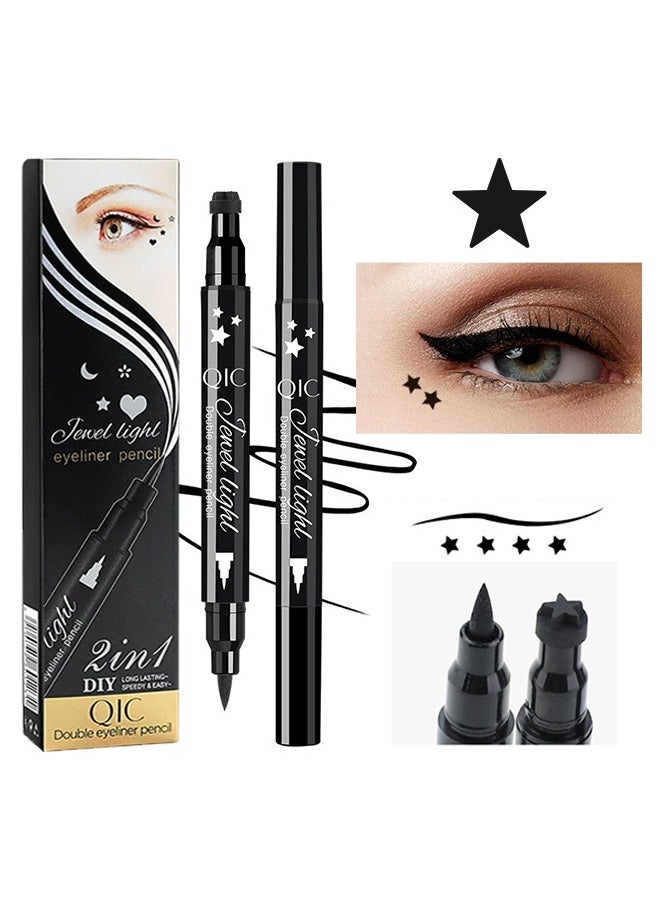 2 IN1 DIY - Jewel Light Eyeliner Pencil, Star Stamp Eyeliner Makeup,Double-Side Waterproof Eyeliner Pen,Long-lasting Smudge-proof Tattoo Tools (Blcak Star)