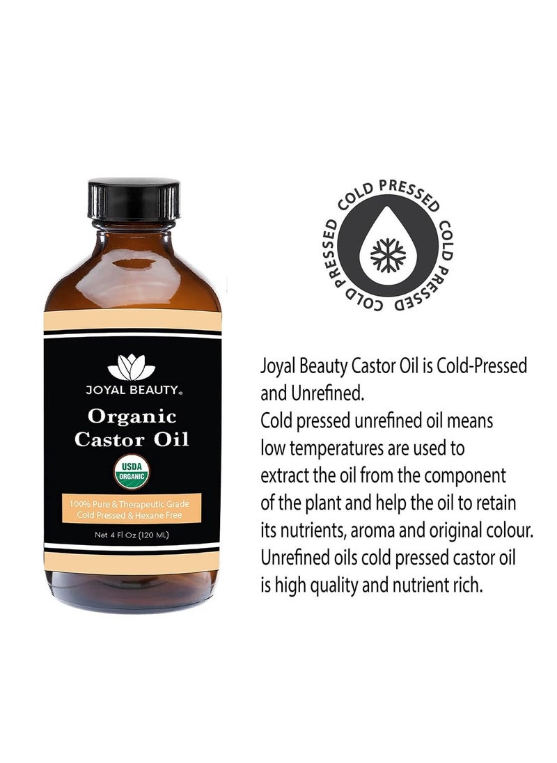 JOYAL BEAUTY Castor Oil USDA Certified Organic(4oz). 100% Pure Cold Pressed Unrefined Hexane Free Glass Bottle. Hair Eyelashes Eyebrows Lash Serum. For Face, Skin, Body, Belly Button. Free Mascara