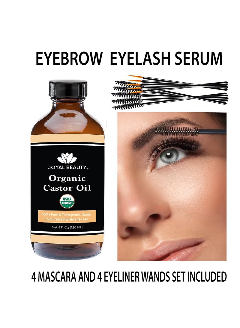 JOYAL BEAUTY Castor Oil USDA Certified Organic(4oz). 100% Pure Cold Pressed Unrefined Hexane Free Glass Bottle. Hair Eyelashes Eyebrows Lash Serum. For Face, Skin, Body, Belly Button. Free Mascara