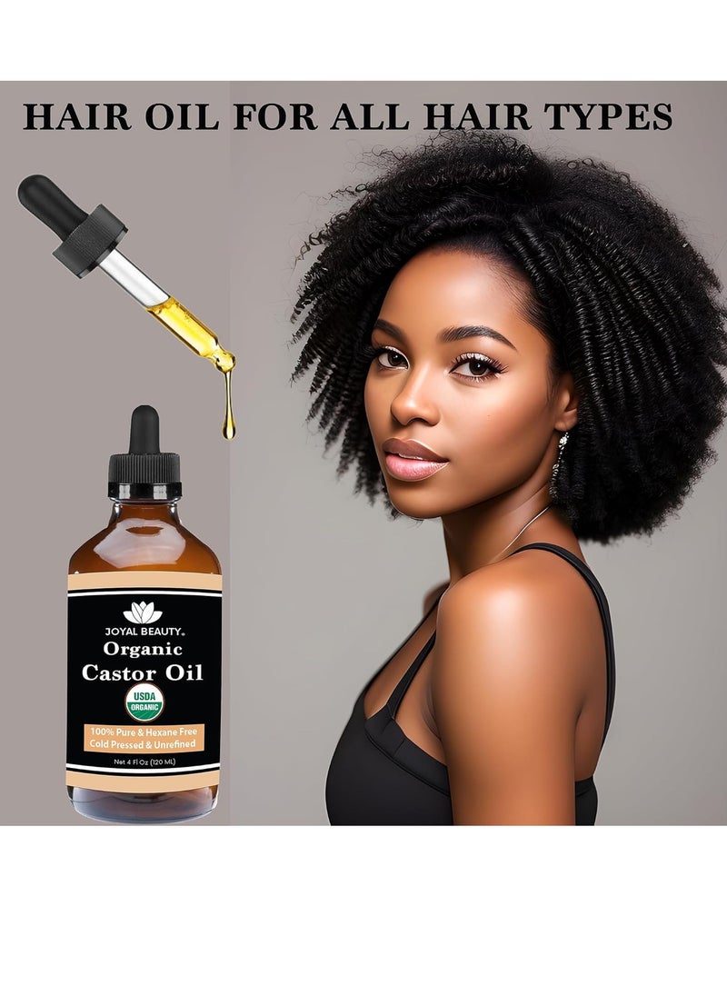 JOYAL BEAUTY Castor Oil USDA Certified Organic(4oz). 100% Pure Cold Pressed Unrefined Hexane Free Glass Bottle. Hair Eyelashes Eyebrows Lash Serum. For Face, Skin, Body, Belly Button. Free Mascara