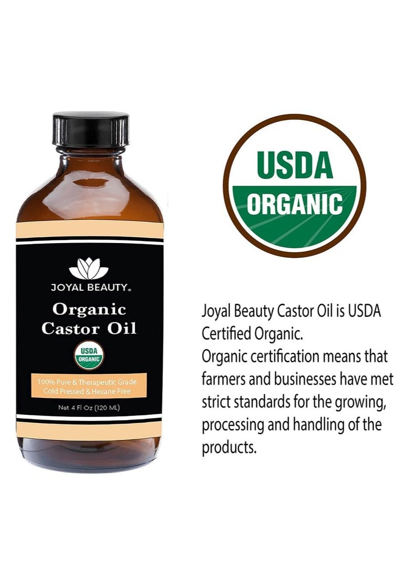 JOYAL BEAUTY Castor Oil USDA Certified Organic(4oz). 100% Pure Cold Pressed Unrefined Hexane Free Glass Bottle. Hair Eyelashes Eyebrows Lash Serum. For Face, Skin, Body, Belly Button. Free Mascara