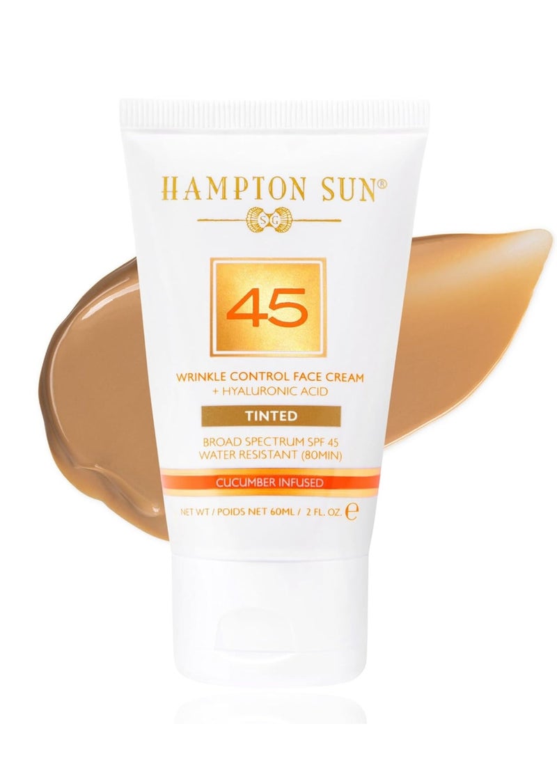 Hampton Sun SPF 45 Tinted Wrinkle Control Face Cream. Daily Moisturizer + Sunscreen. Light, Blendable Coverage. Dewy, Glowy Finish. Hyaluronic Acid + Organic Cucumber Extract Plumps + Brightens