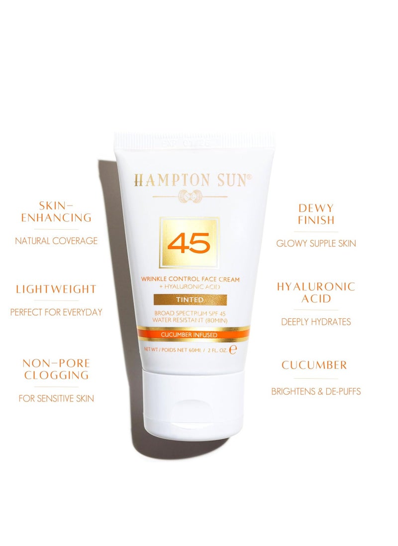 Hampton Sun SPF 45 Tinted Wrinkle Control Face Cream. Daily Moisturizer + Sunscreen. Light, Blendable Coverage. Dewy, Glowy Finish. Hyaluronic Acid + Organic Cucumber Extract Plumps + Brightens