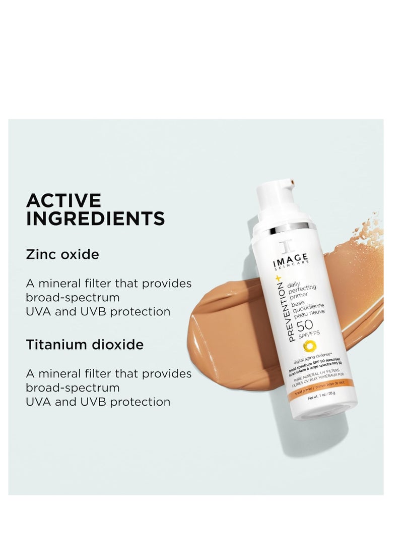 IMAGE Skincare, PREVENTION+ Daily Perfecting Primer SPF 50, Tinted Zinc Oxide Face Priming Sunscreen Lotion, Leaves No White Cast, 1 oz