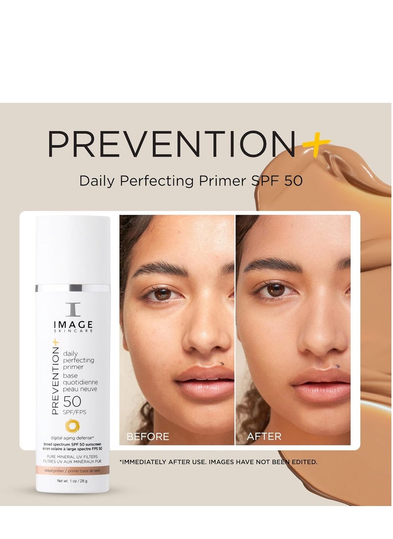 IMAGE Skincare, PREVENTION+ Daily Perfecting Primer SPF 50, Tinted Zinc Oxide Face Priming Sunscreen Lotion, Leaves No White Cast, 1 oz