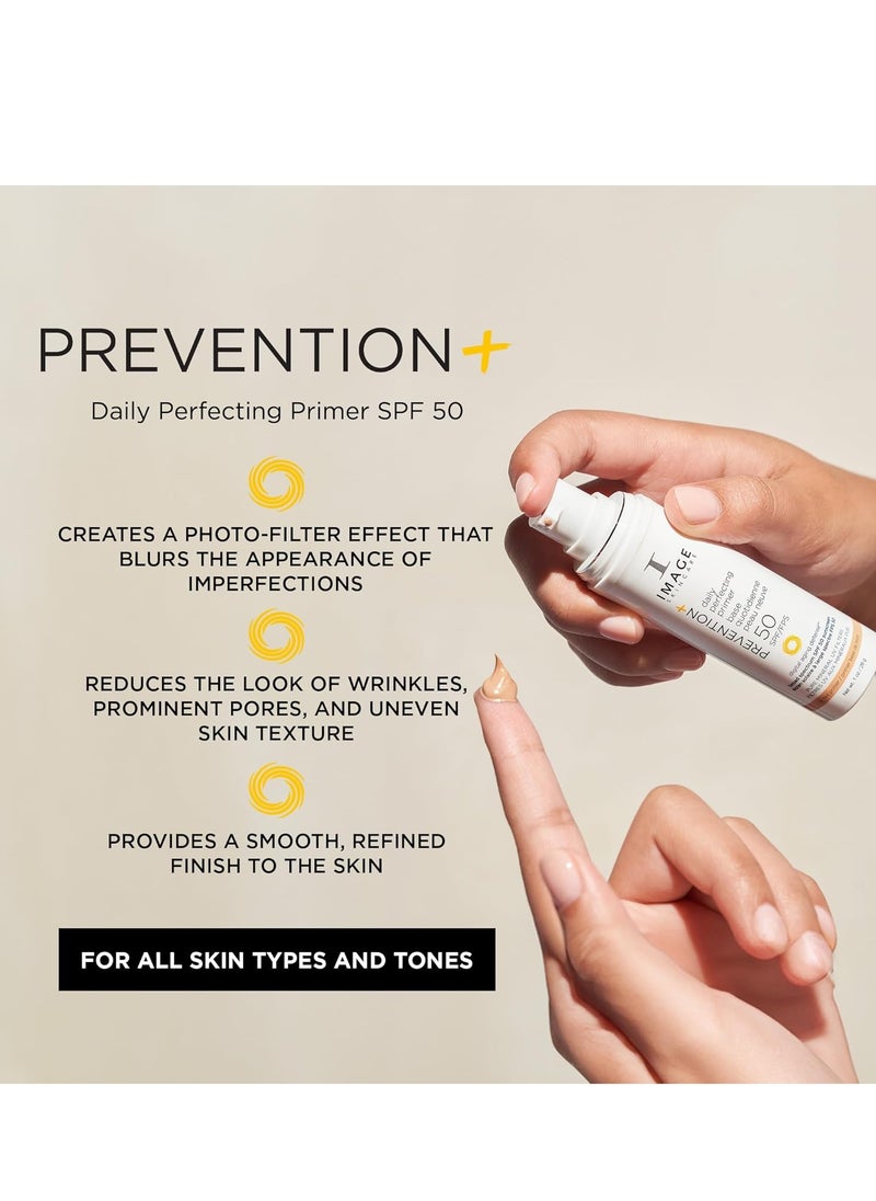 IMAGE Skincare, PREVENTION+ Daily Perfecting Primer SPF 50, Tinted Zinc Oxide Face Priming Sunscreen Lotion, Leaves No White Cast, 1 oz