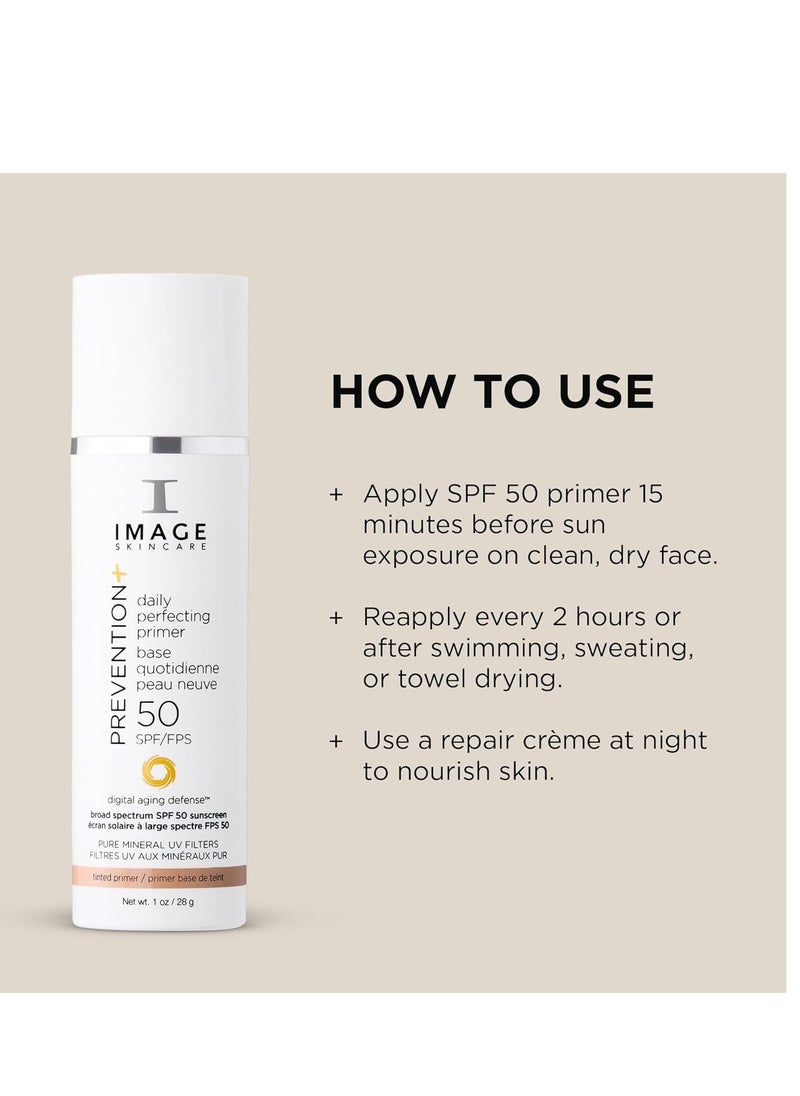 IMAGE Skincare, PREVENTION+ Daily Perfecting Primer SPF 50, Tinted Zinc Oxide Face Priming Sunscreen Lotion, Leaves No White Cast, 1 oz