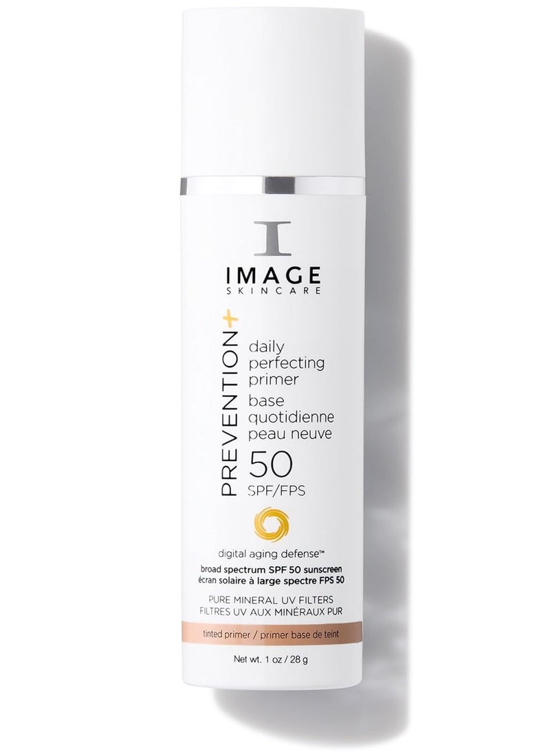 IMAGE Skincare, PREVENTION+ Daily Perfecting Primer SPF 50, Tinted Zinc Oxide Face Priming Sunscreen Lotion, Leaves No White Cast, 1 oz