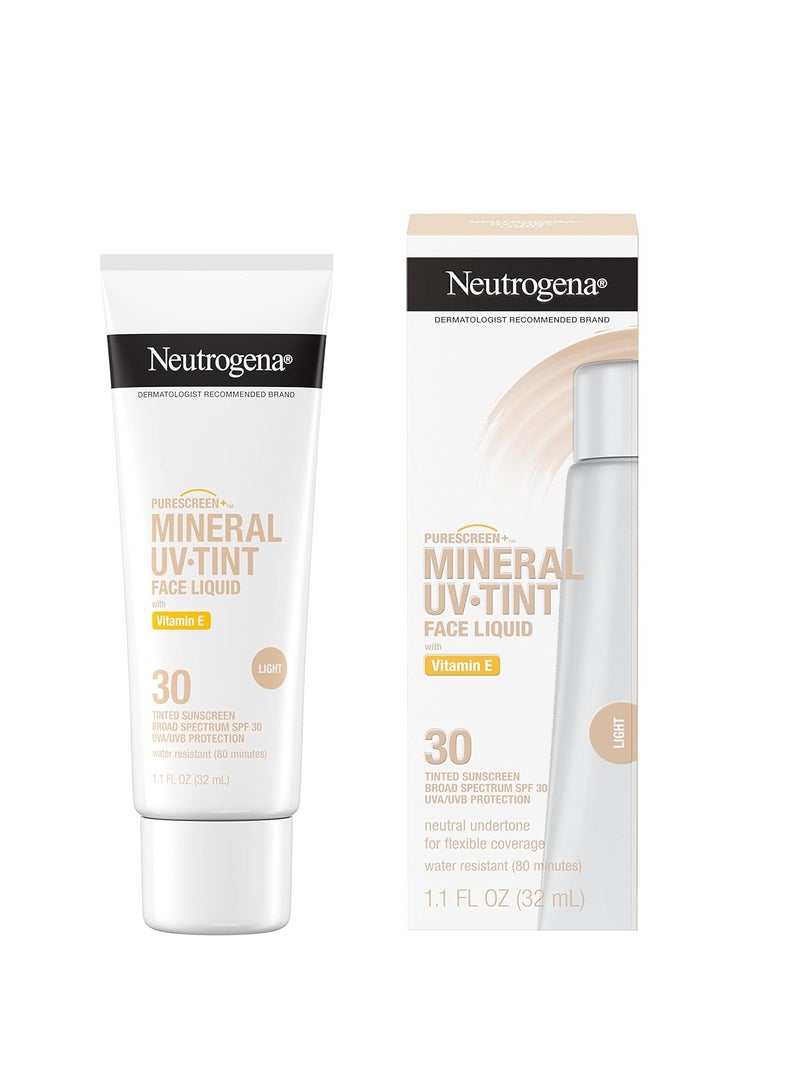 Neutrogena Purescreen+ Tinted Sunscreen for Face with SPF 30, Broad Spectrum Mineral Sunscreen with Zinc Oxide and Vitamin E, Water Resistant, Fragrance Free, Light, 1.1 fl oz 32 mlml