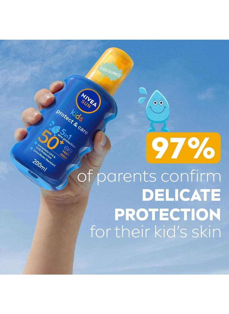 NIVEA SUN Kids Sunscreen Spray, Protect & Care, SPF 50+, 5in1 Skin Protection, Very High and Immediate UVA & UVB Protection, Extra Water Resistant, 200ml