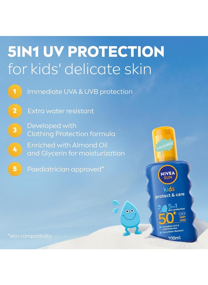 NIVEA SUN Kids Sunscreen Spray, Protect & Care, SPF 50+, 5in1 Skin Protection, Very High and Immediate UVA & UVB Protection, Extra Water Resistant, 200ml