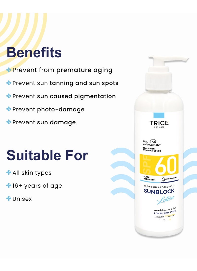 Trice Sunscreen Lotion SPF 60 | Broad Spectrum Protection | Hydrating Formula | Antioxidant | Water-Resistant | 200 ml