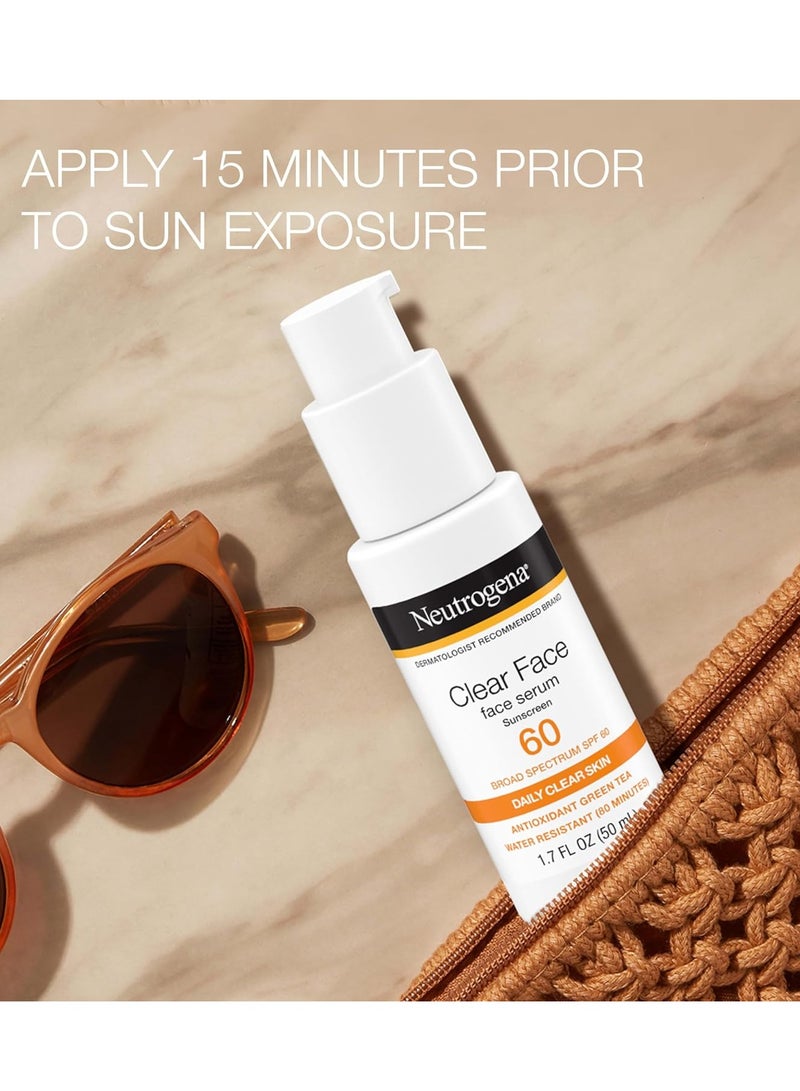 Neutrogena Clear Face Serum Sunscreen with Green Tea, Broad Spectrum SPF 60, Non-Comedogenic Face Sunscreen for Lightweight UVA/UVB Protection, Oxybenzone- & Fragrance-Free 1.7 fl. ozFluid Ounce