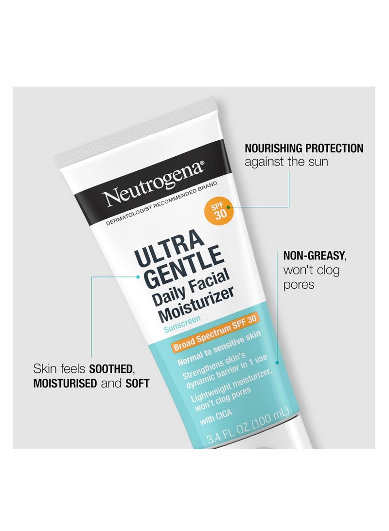 Neutrogena Ultra Gentle Daily Facial Moisturizer with SPF 30 Sunscreen with CICA, Lightweight Face Lotion with Broad Spectrum SPF 30 for Normal to Sensitive Skin, Fragrance-Free 100 mlml