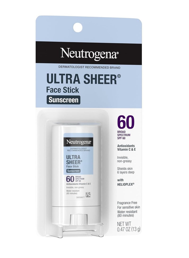 Neutrogena Ultra Sheer SPF 60 Face Sunscreen Stick, Water Resistant Facial Stick with Broad Spectrum SPF 60 Protection for Sensitive Skin, Mini Travel Sunscreen, Oxybenzone-Free, 0.47 ozounce