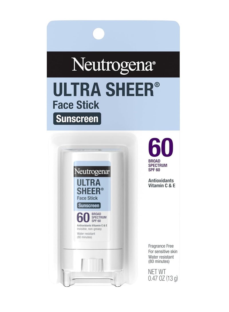 Neutrogena Ultra Sheer SPF 60 Face Sunscreen Stick, Water Resistant Facial Stick with Broad Spectrum SPF 60 Protection for Sensitive Skin, Mini Travel Sunscreen, Oxybenzone-Free, 0.47 ozounce